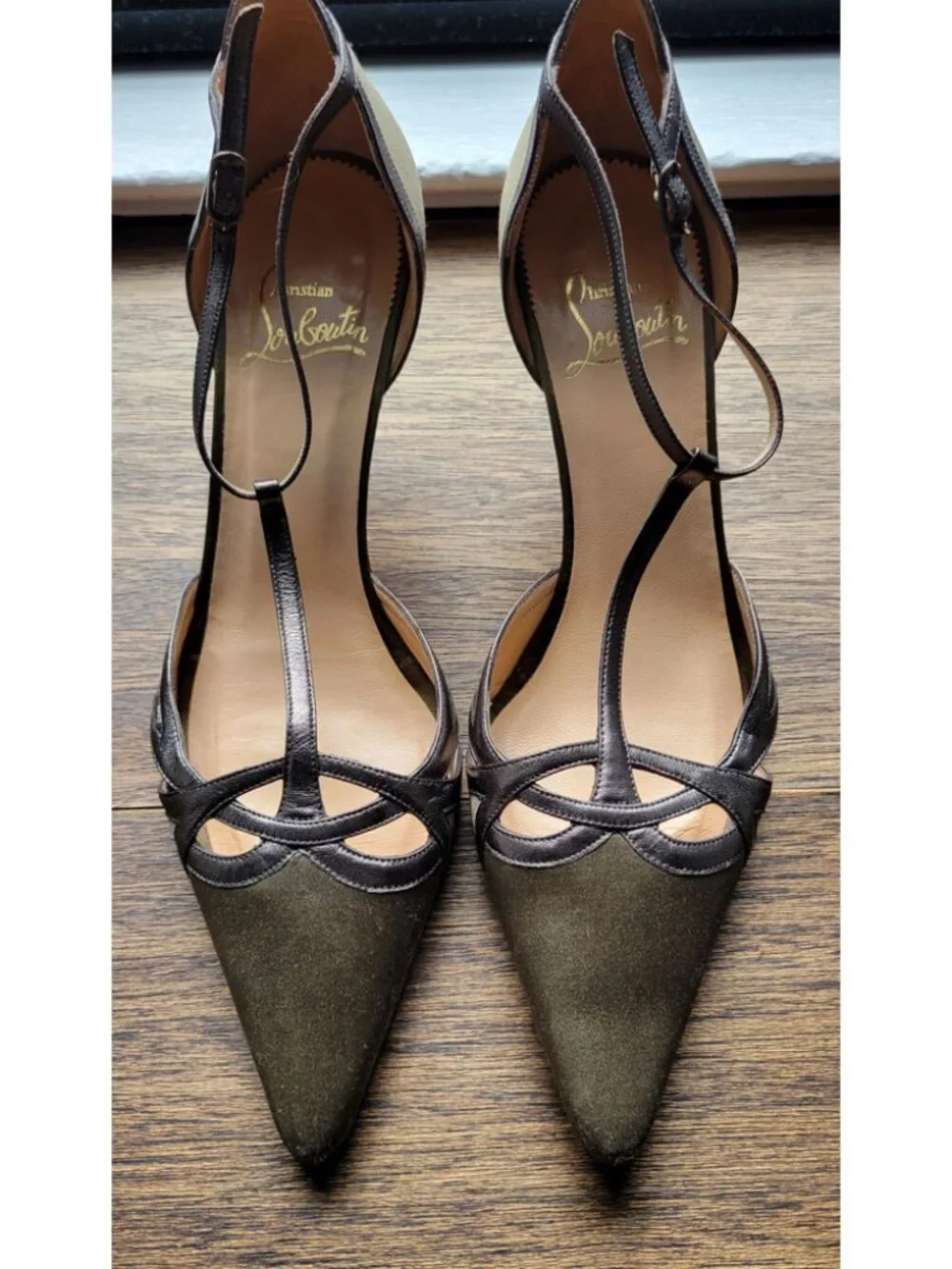 Christian Louboutin Rare Kitten Heels Brown Satin with Grey Leather Straps/Trim